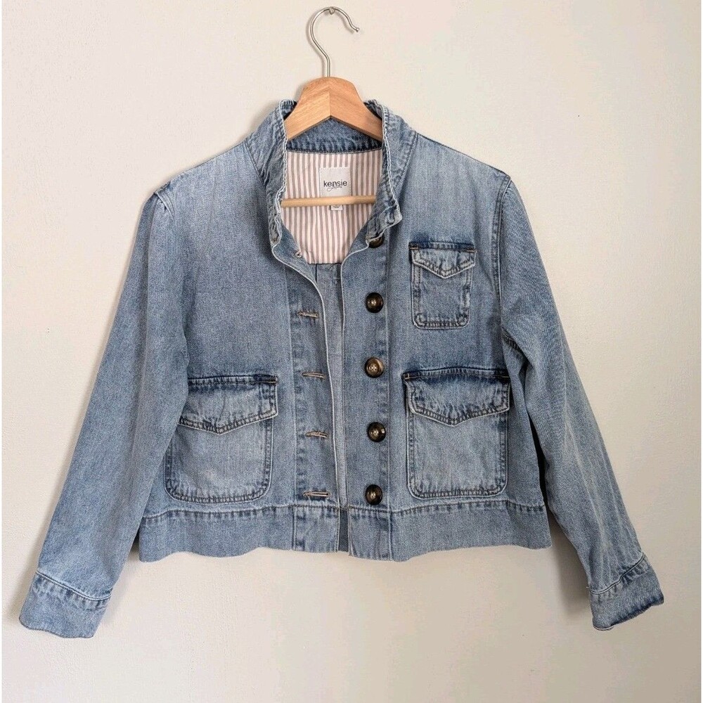 KENSIE Cotton Denim Utility Jacket Light Blue Wash Mock Neck Pockets Crop S